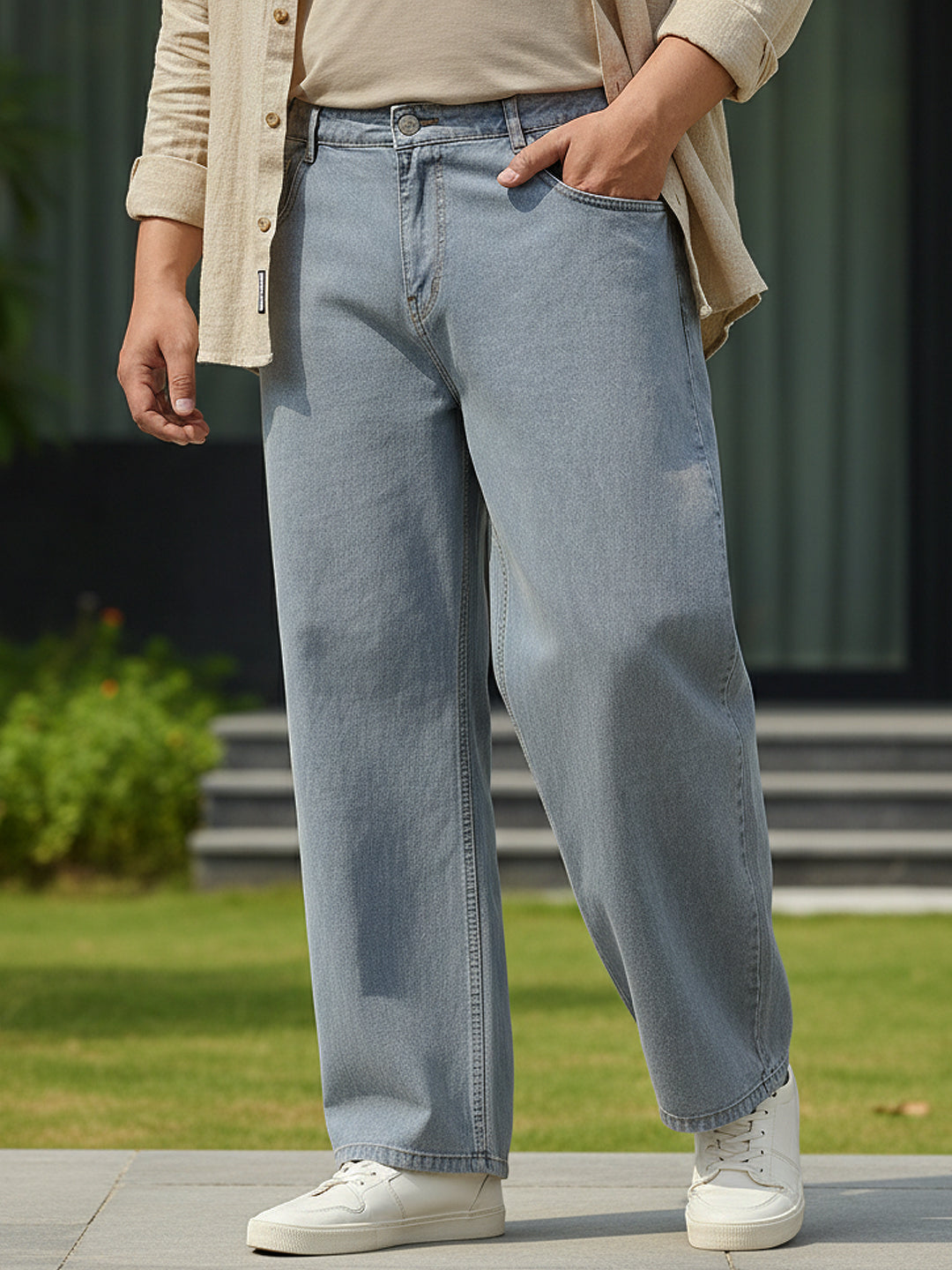 Plus Men's Light Grey Loose Fit Washed Jeans Non-Stretchable