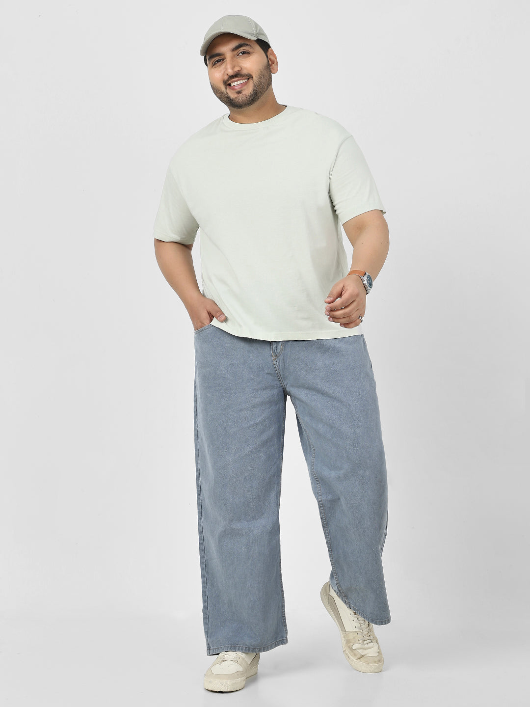 Plus Men's Light Grey Loose Fit Washed Jeans Non-Stretchable