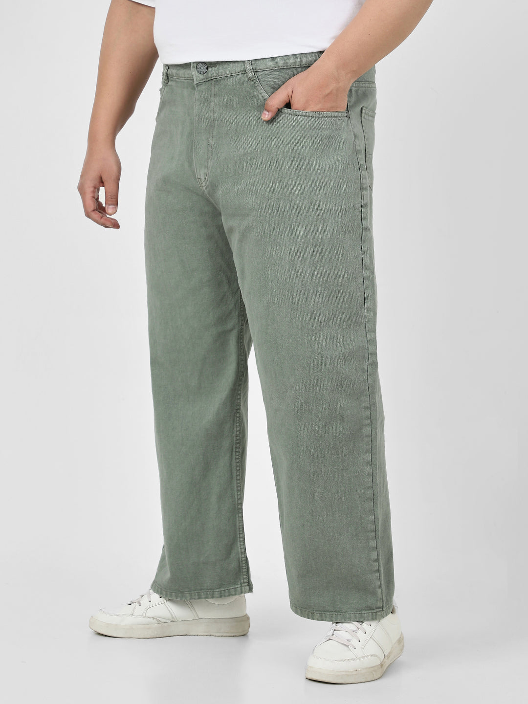 Plus Men's Olive Green Loose Fit Washed Jeans Non-Stretchable