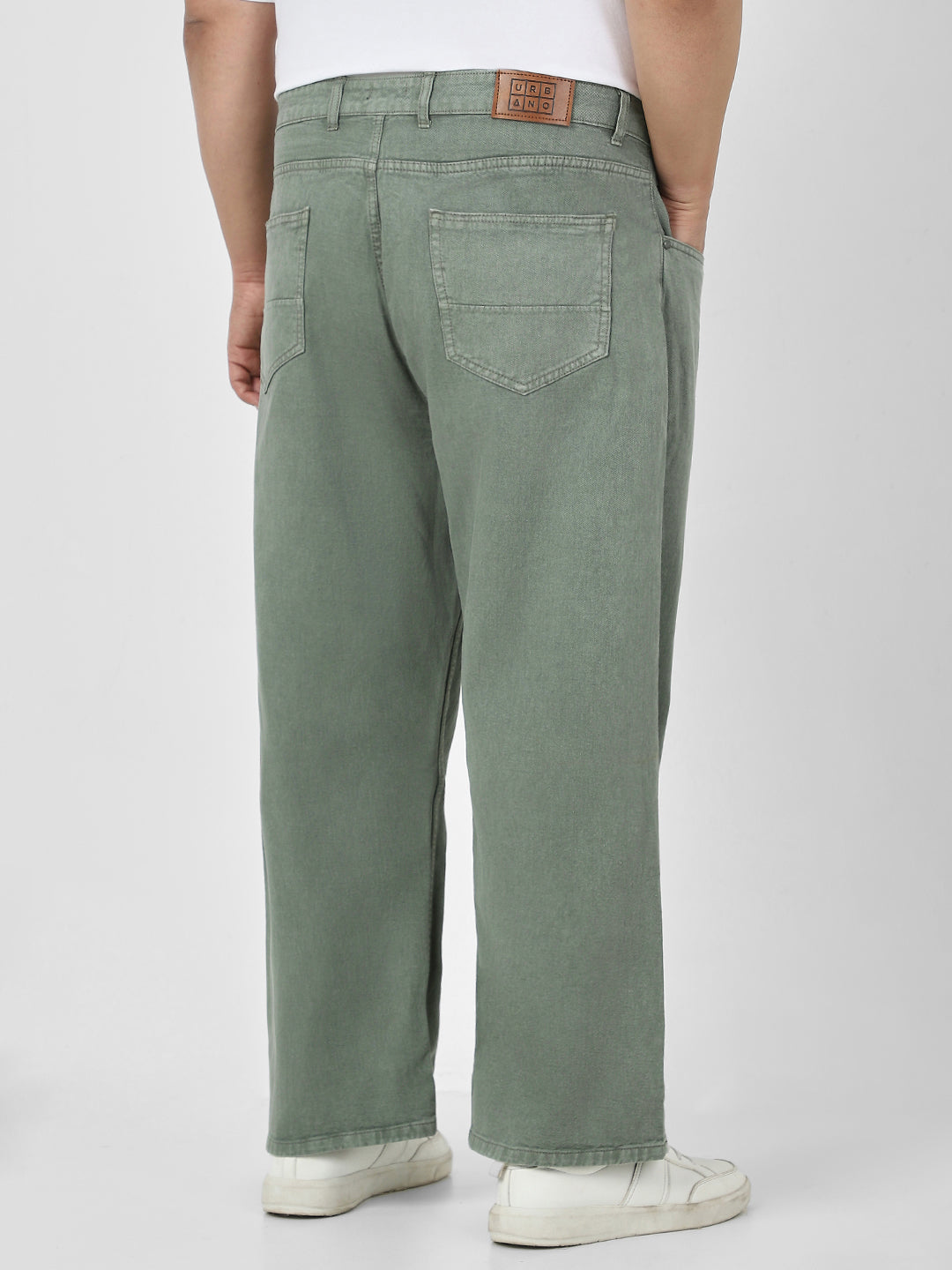 Plus Men's Olive Green Loose Fit Washed Jeans Non-Stretchable