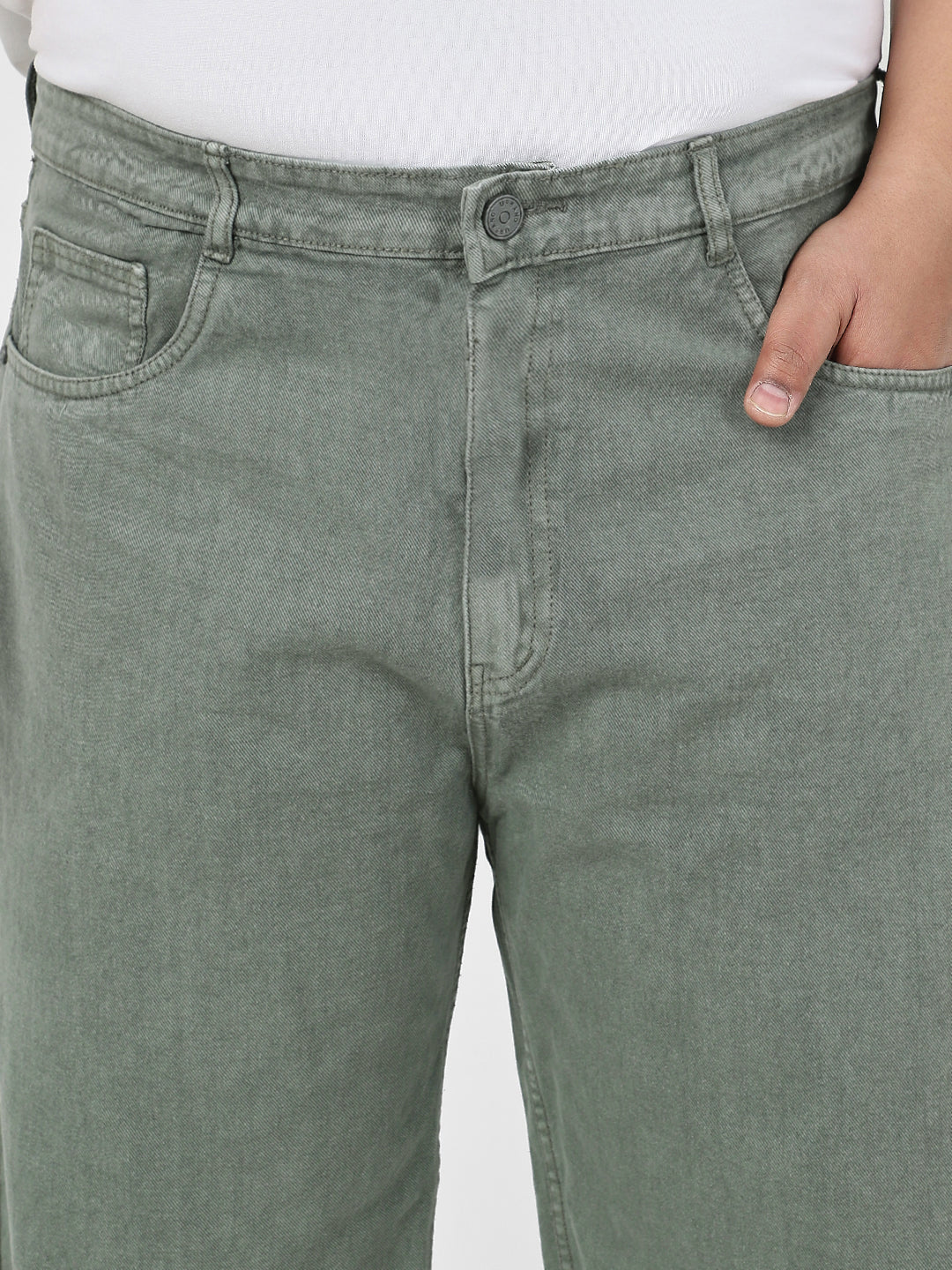 Plus Men's Olive Green Loose Fit Washed Jeans Non-Stretchable