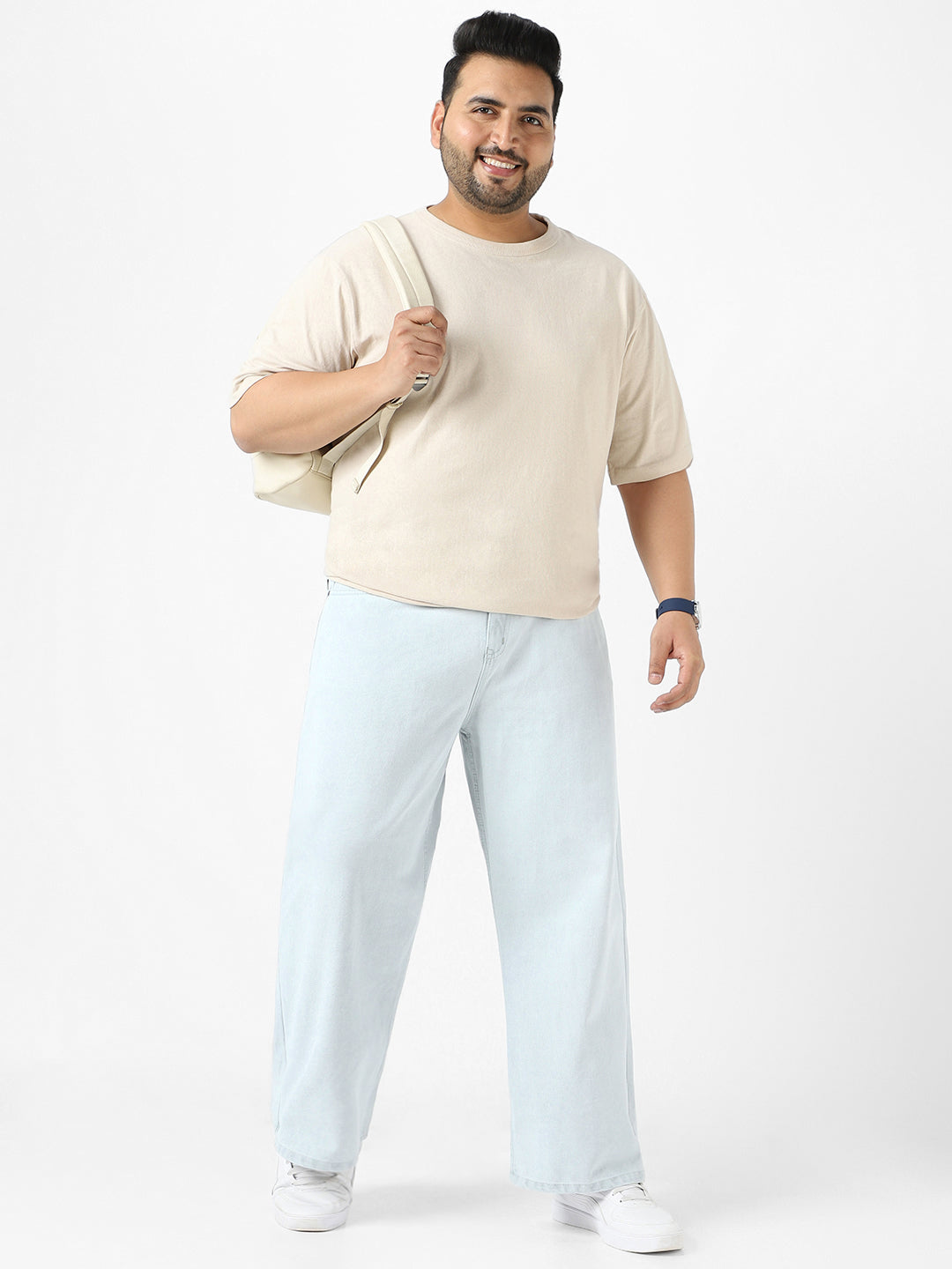 Plus Men's Light Grey Loose Fit Washed Jeans Non-Stretchable