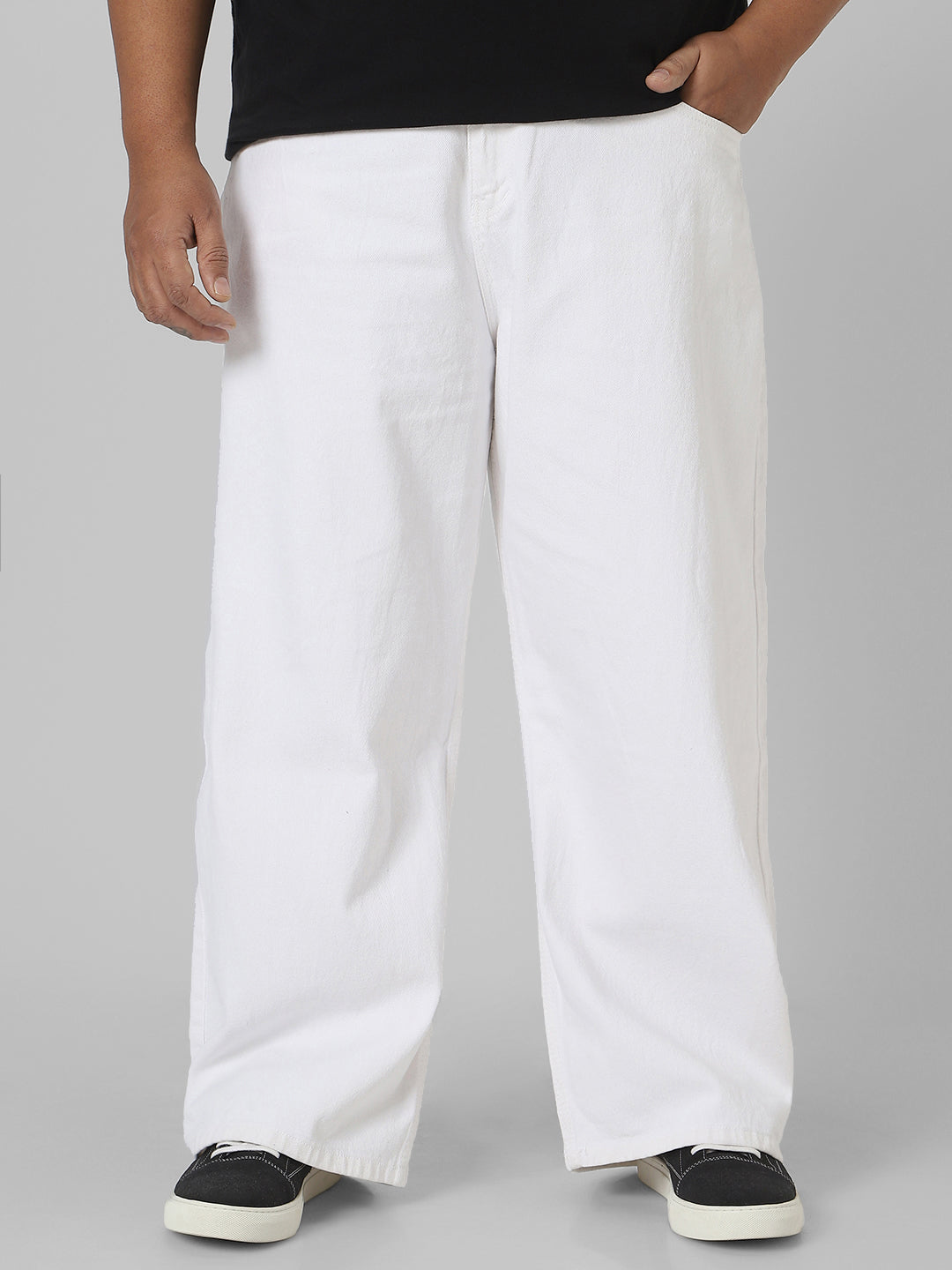 Plus Men's White Loose Fit Washed Jeans Non-Stretchable
