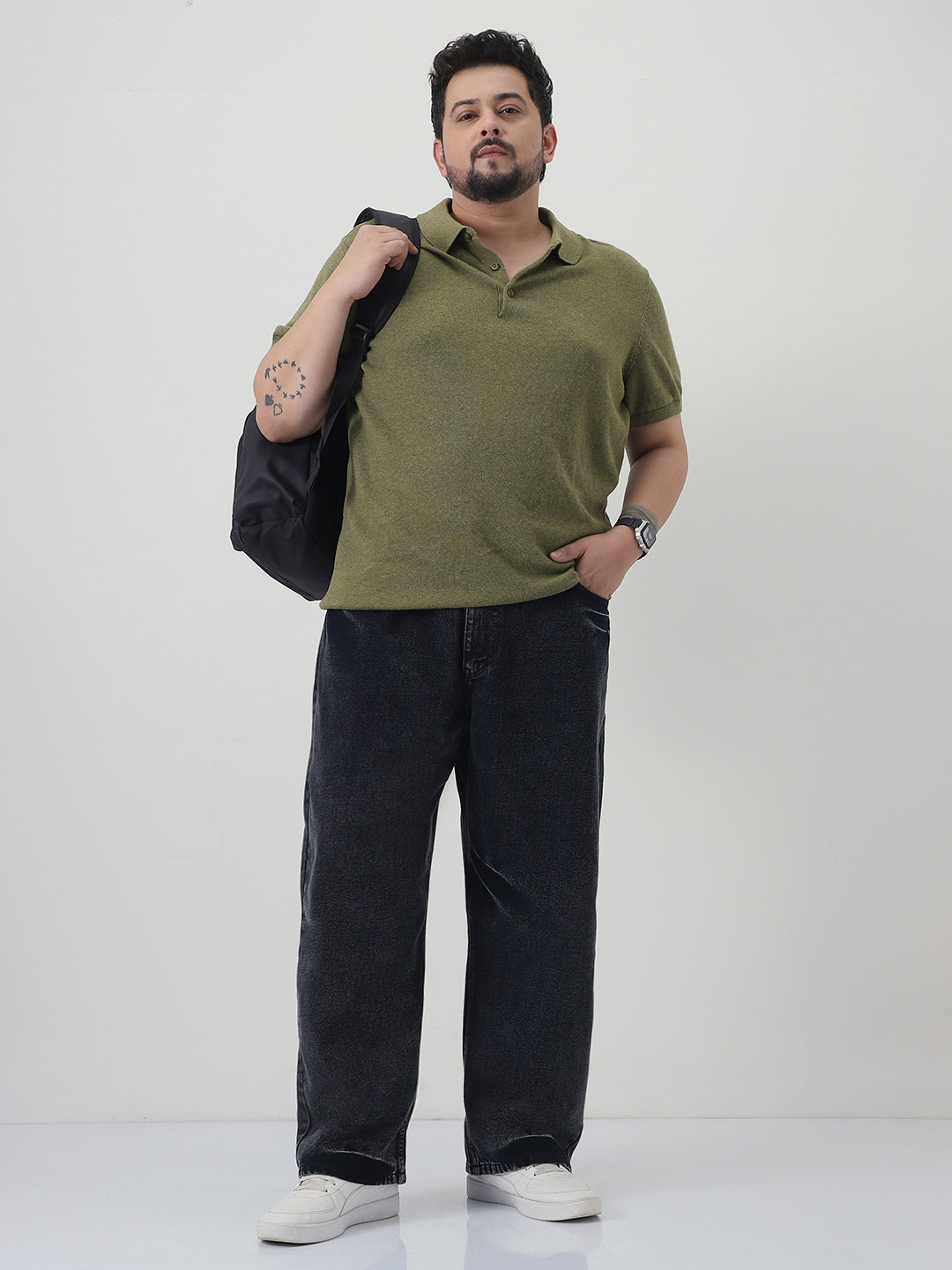 Plus Men's Black  Loose Baggy Fit Washed Jeans Non-Stretchable