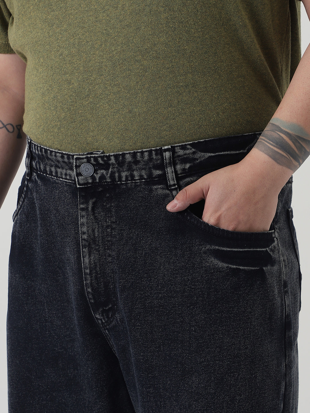Plus Men's Black  Loose Baggy Fit Washed Jeans Non-Stretchable
