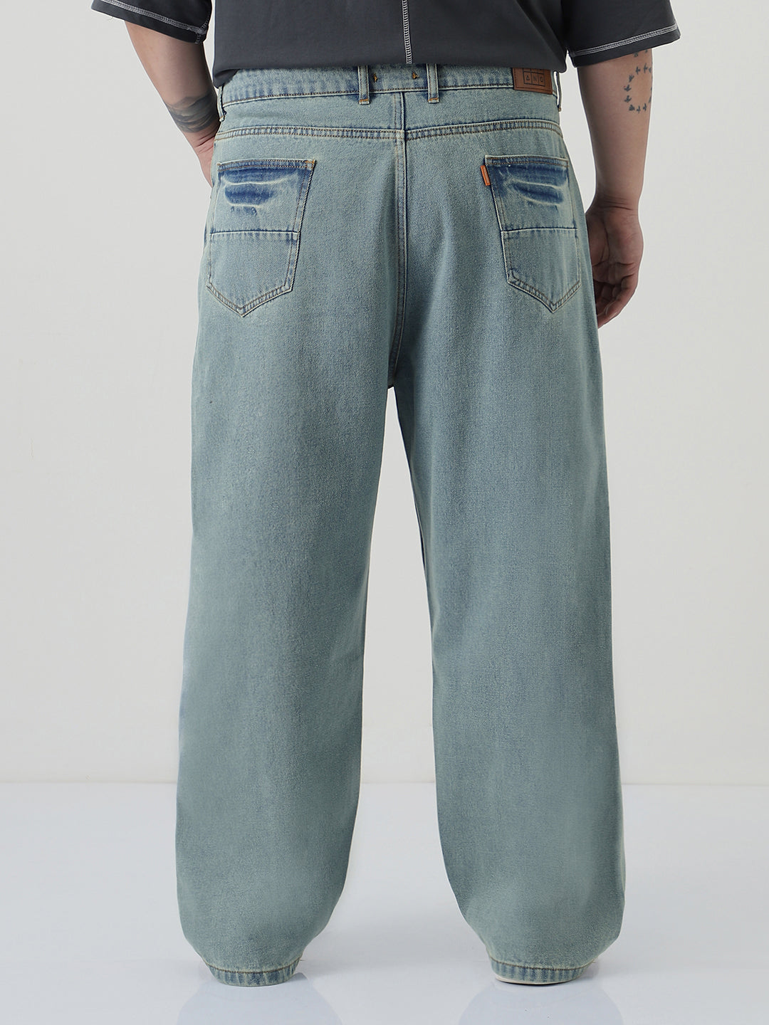 Plus Men's Ice Blue Loose Baggy Fit Washed Jeans Non-Stretchable
