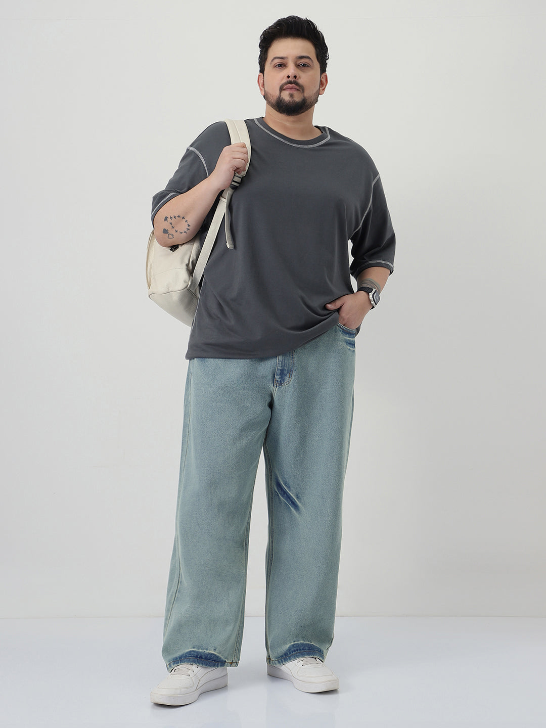 Plus Men's Ice Blue Loose Baggy Fit Washed Jeans Non-Stretchable