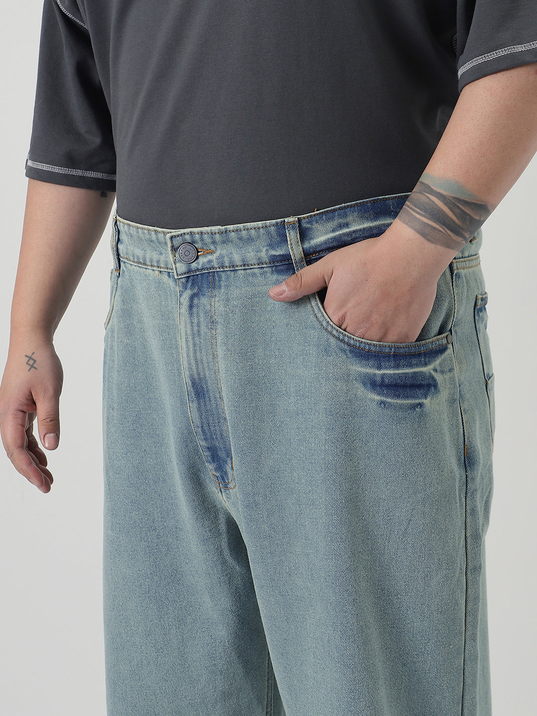 Plus Men's Ice Blue Loose Baggy Fit Washed Jeans Non-Stretchable