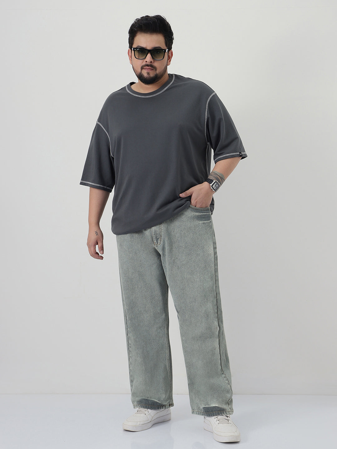 Plus Men's Ice Grey Loose Baggy Fit Washed Jeans Non-Stretchable