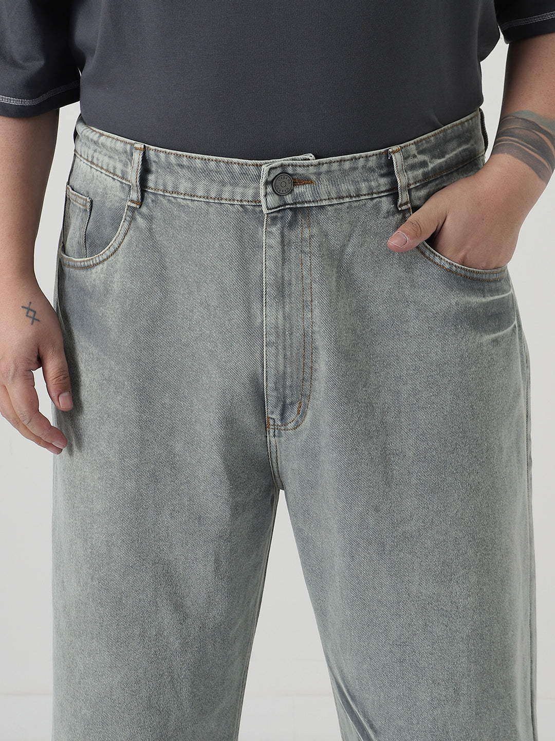 Plus Men's Ice Grey Loose Baggy Fit Washed Jeans Non-Stretchable