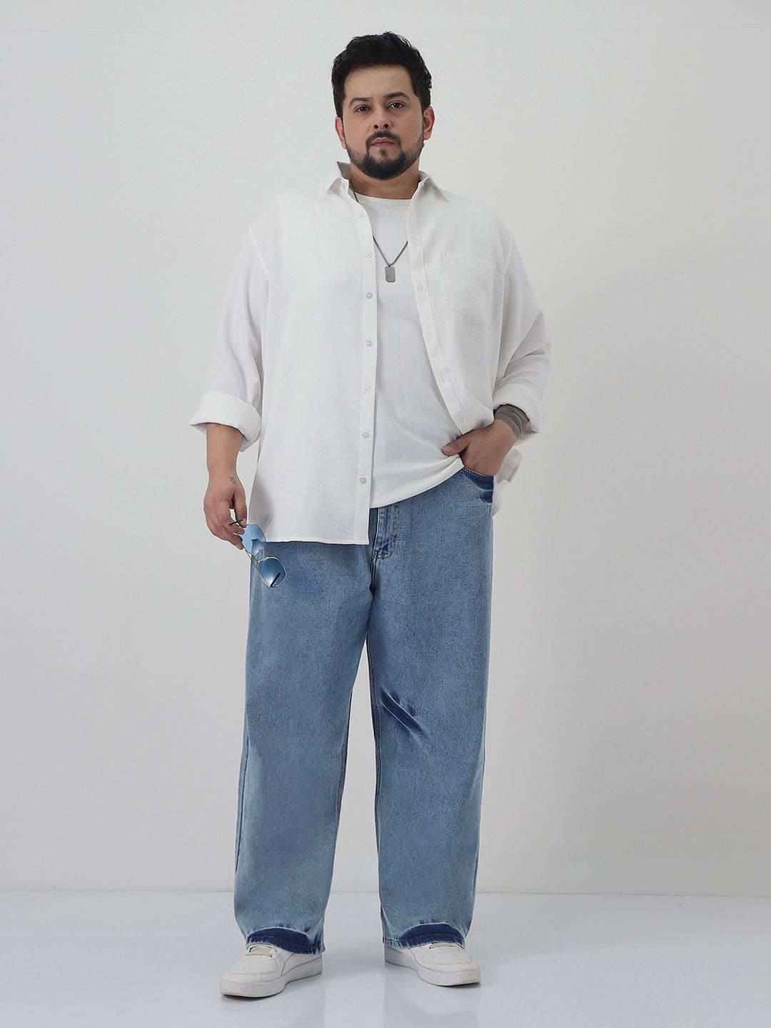 Plus Men's Light Blue  Loose Baggy Fit Washed Jeans Non-Stretchable