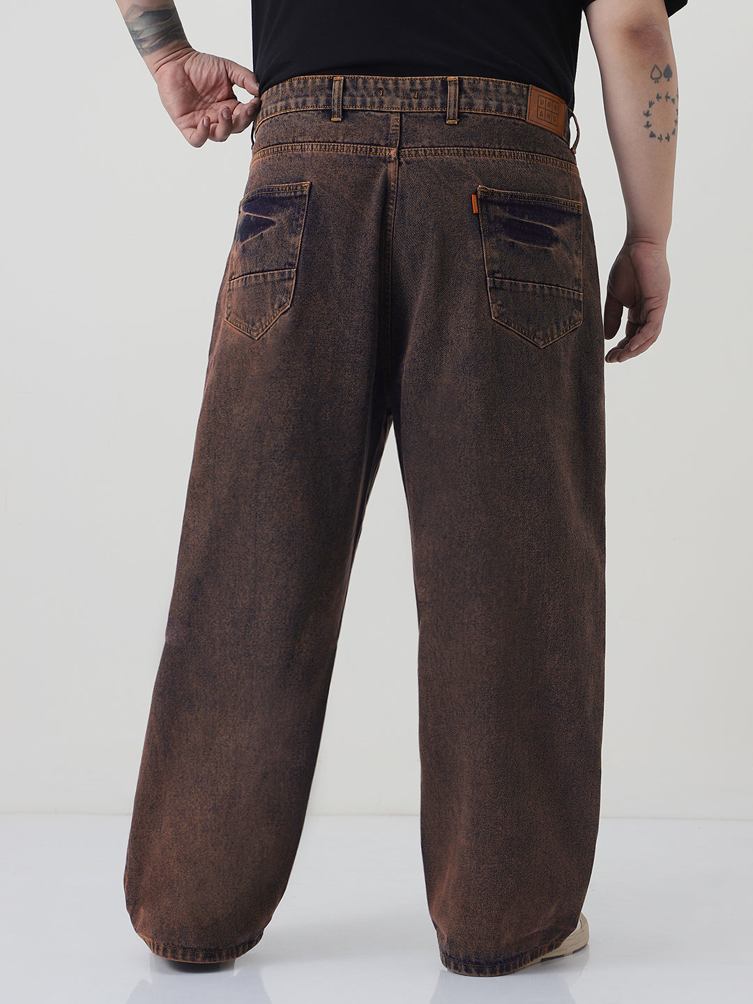 Plus Men's Light Brown Loose Baggy Fit Washed Jeans Non-Stretchable