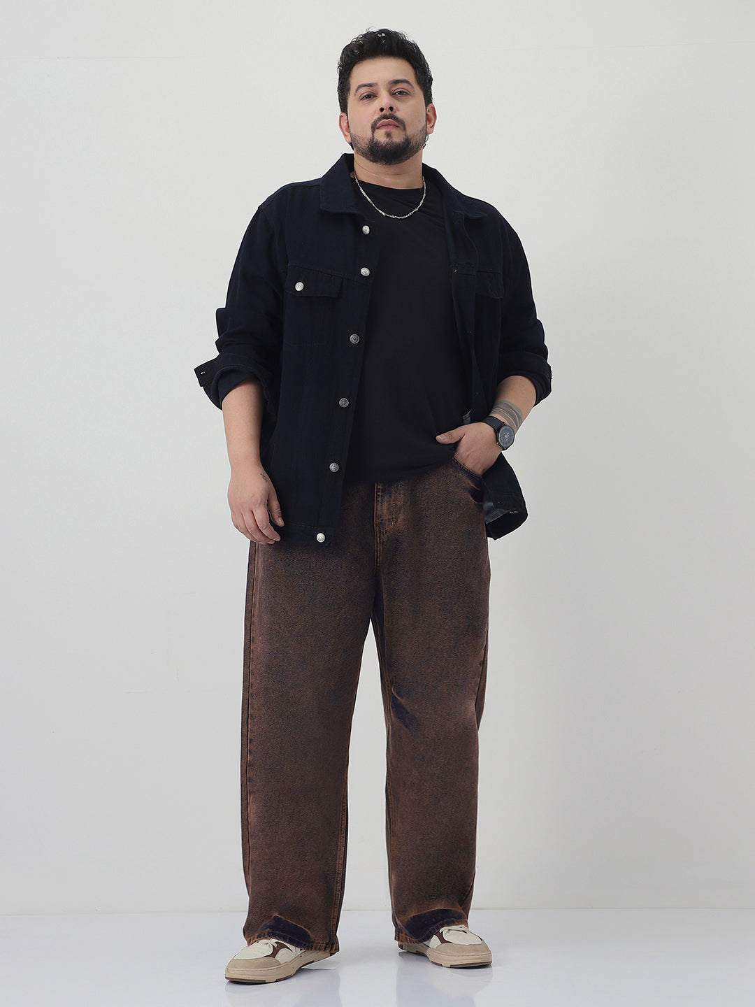 Plus Men's Light Brown Loose Baggy Fit Washed Jeans Non-Stretchable