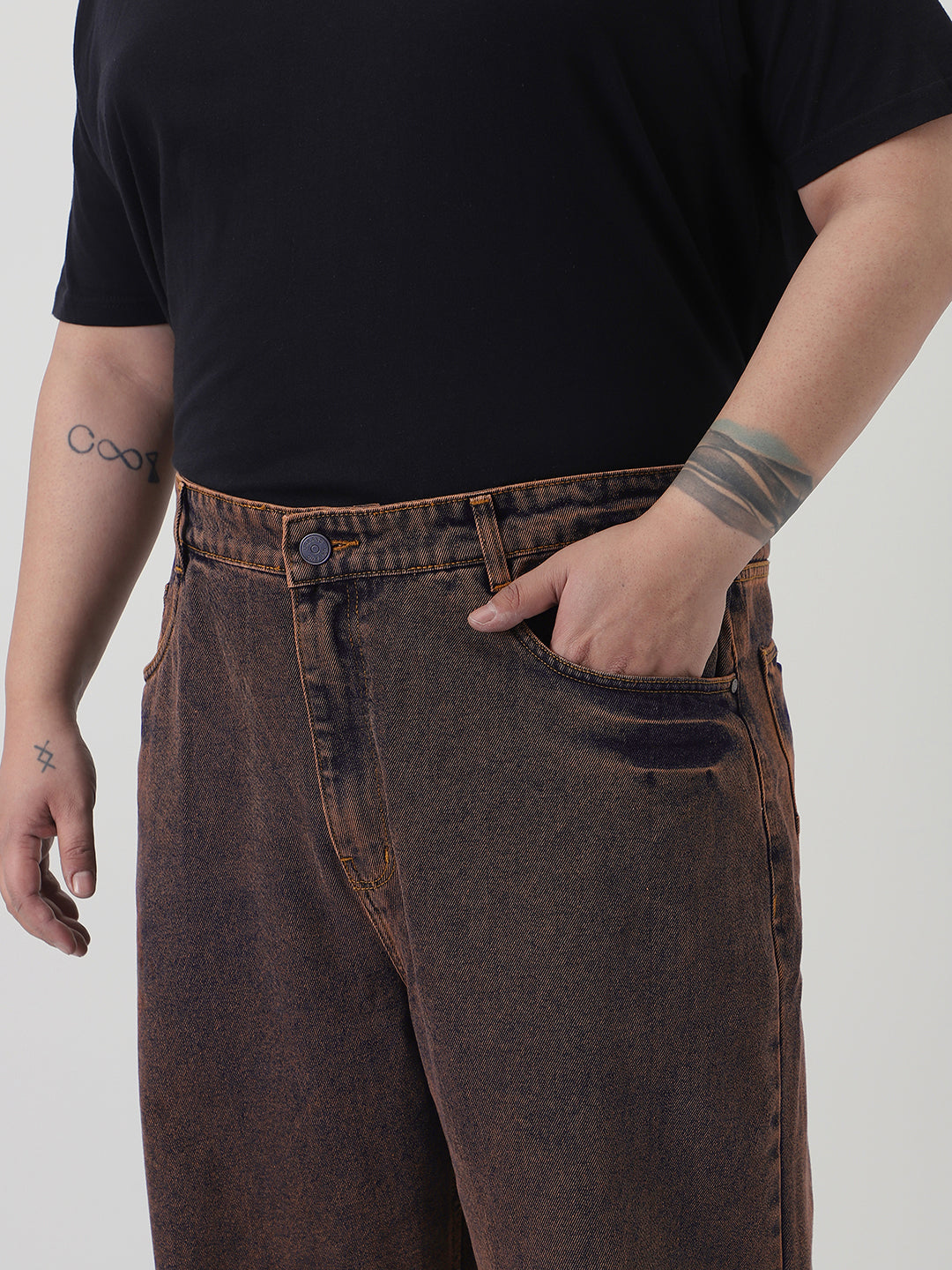 Plus Men's Light Brown Loose Baggy Fit Washed Jeans Non-Stretchable