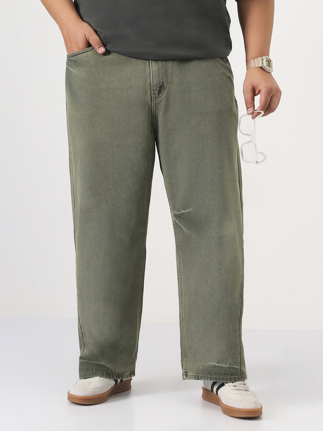 Plus Men's Light Green  Loose Baggy Fit Washed Jeans Non-Stretchable