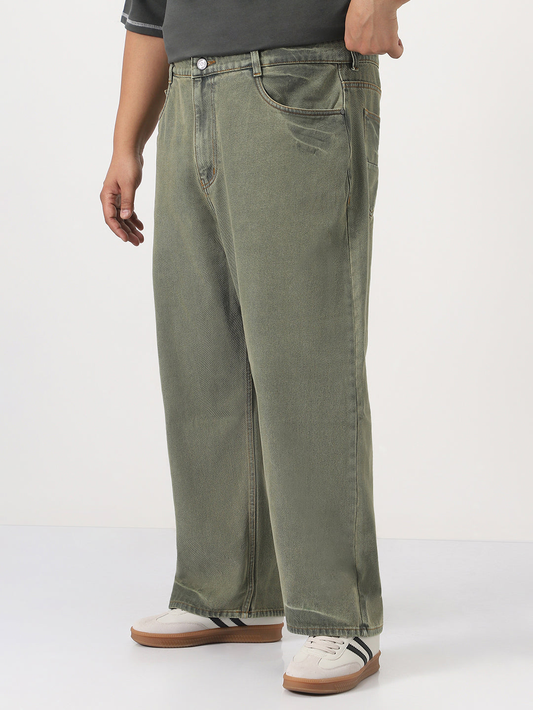 Plus Men's Light Green  Loose Baggy Fit Washed Jeans Non-Stretchable