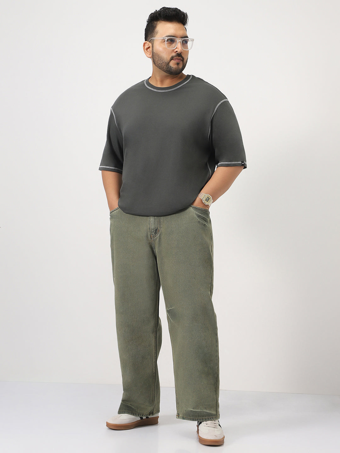 Plus Men's Light Green  Loose Baggy Fit Washed Jeans Non-Stretchable