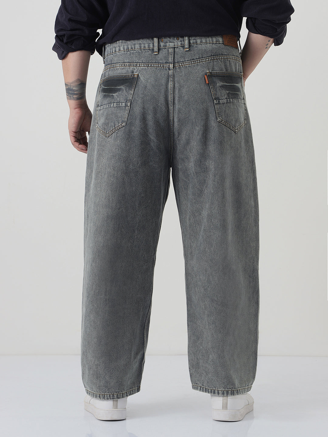 Plus Men's Light Grey Loose Baggy Fit Washed Jeans Non-Stretchable