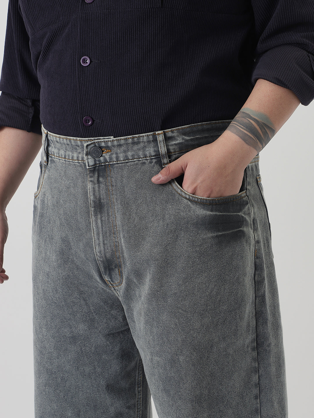 Plus Men's Light Grey Loose Baggy Fit Washed Jeans Non-Stretchable