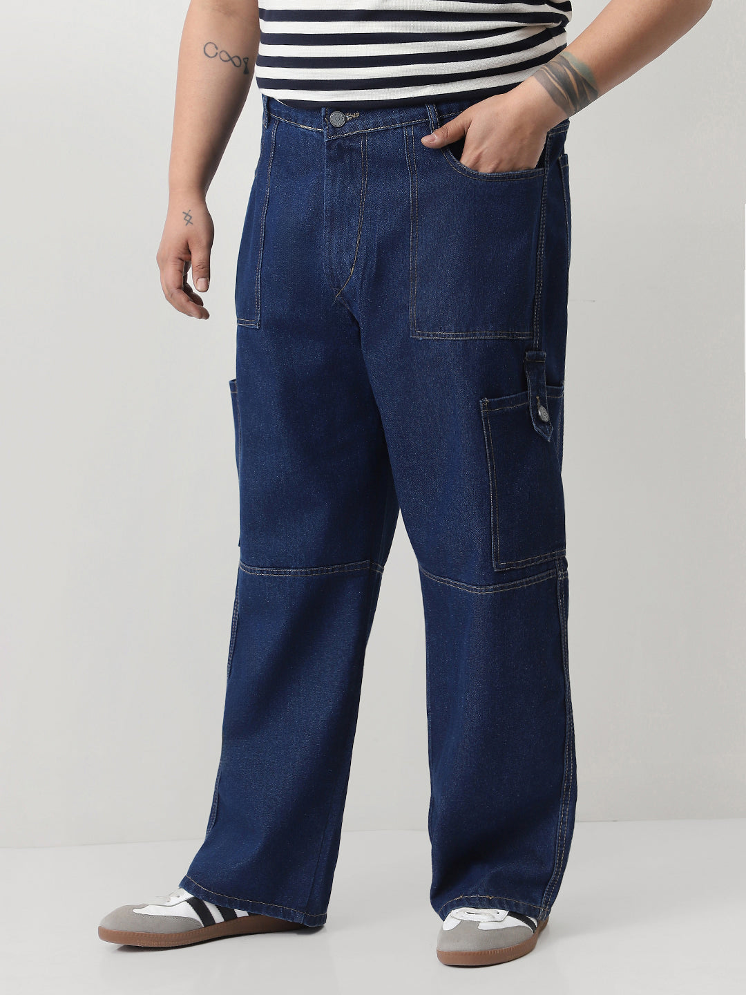 Plus Men's Blue Loose Baggy Fit Washed Cargo Jeans with 6 Pockets Non-Stretchable