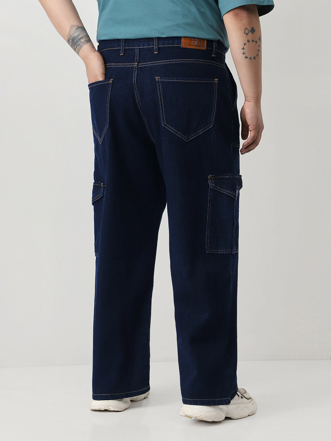 Plus Men's Dark Blue Loose Fit Cargo Jeans with 6 Pockets Non-Stretchable