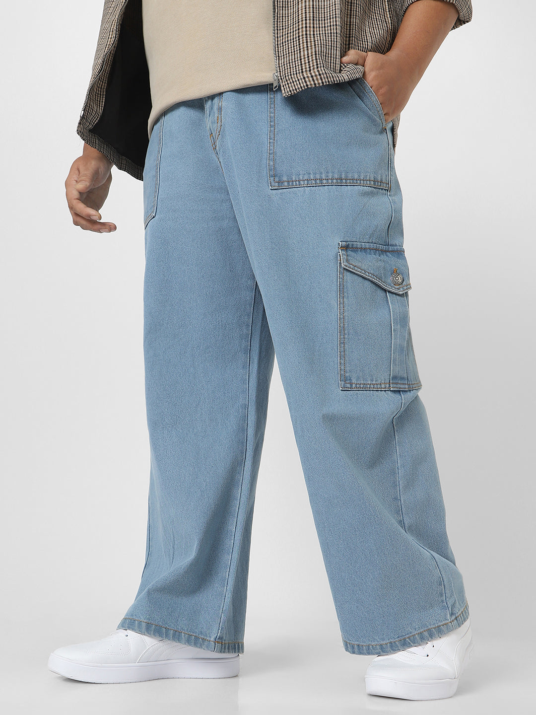 Plus Men's Ice Blue Loose Fit Cargo Jeans with 6 Pockets Non-Stretchable