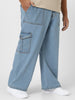 Plus Men's Ice Blue Loose Fit Cargo Jeans with 6 Pockets Non-Stretchable