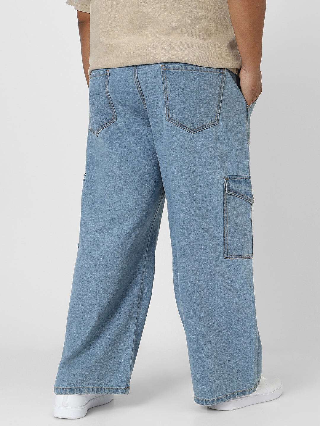 Plus Men's Ice Blue Loose Fit Cargo Jeans with 6 Pockets Non-Stretchable
