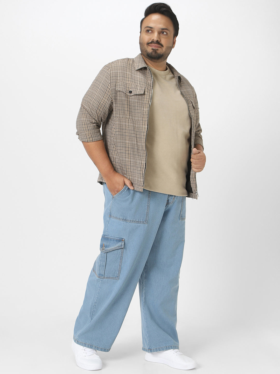 Plus Men's Ice Blue Loose Fit Cargo Jeans with Pockets Non-Stretchable