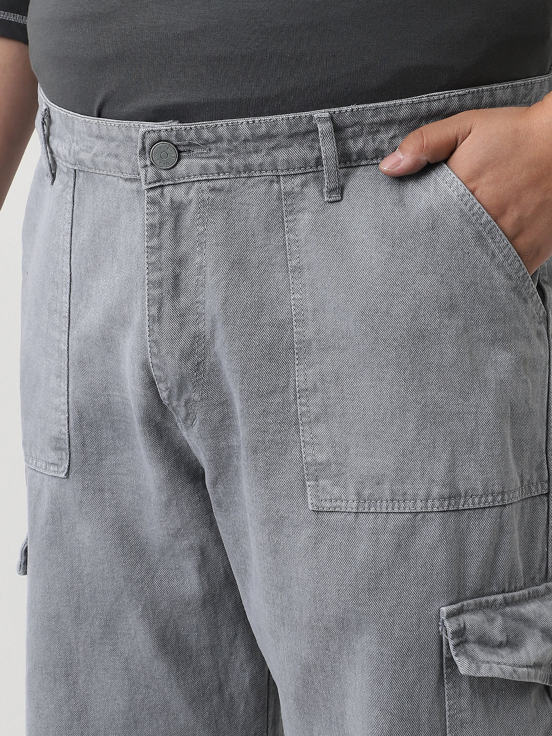 Plus Men's Light Grey Loose Fit Cargo Jeans with 6 Pockets Non-Stretchable