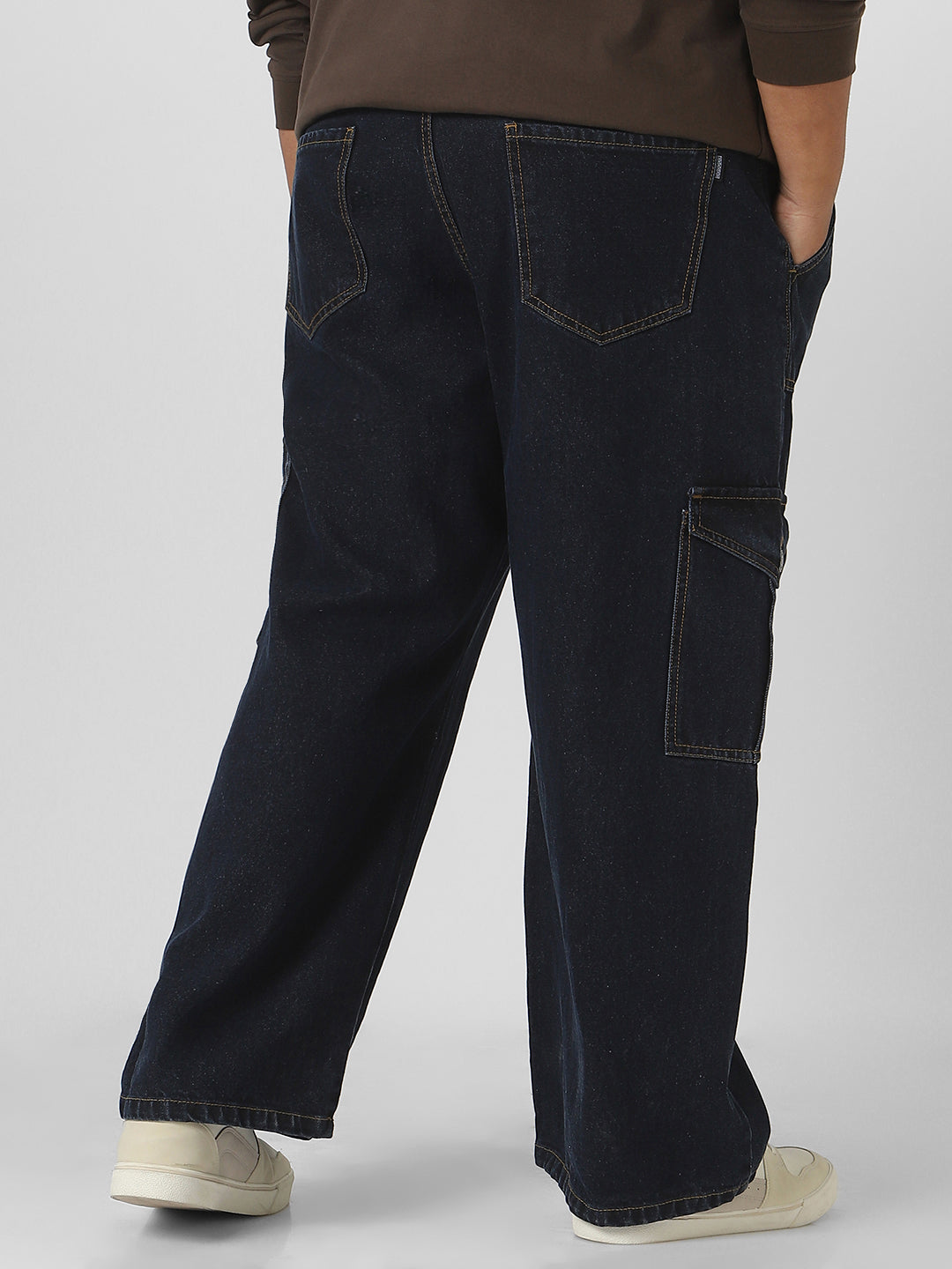 Plus Men's Blue Loose Fit Cargo Jeans with 6 Pockets Non-Stretchable