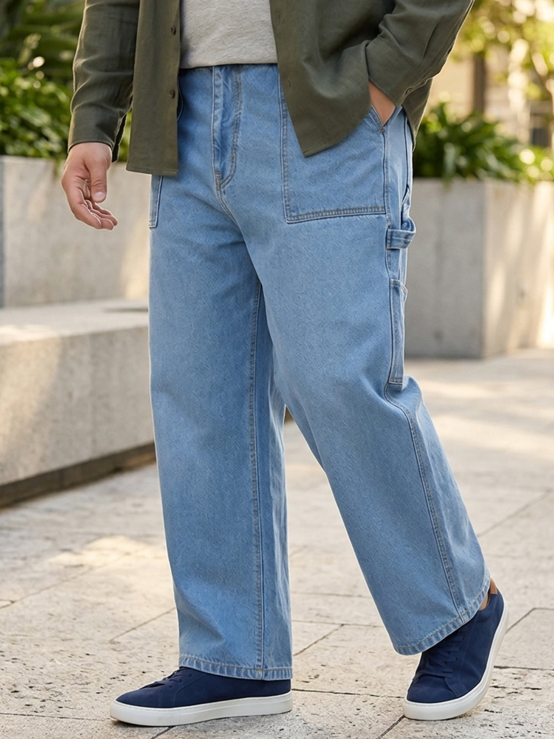 Plus Men's Light Blue Loose Fit Cargo Carpenter Jeans With 6 Pockets Non-Stretchable