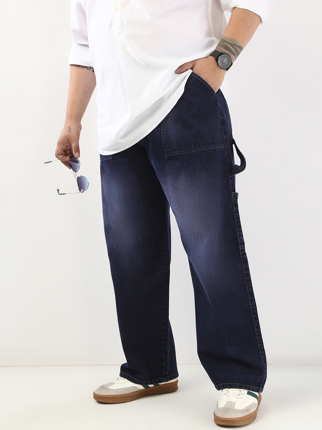 Plus Men's Dark Blue Loose Fit Cargo Carpenter Jeans With 6 Pockets Non-Stretchable