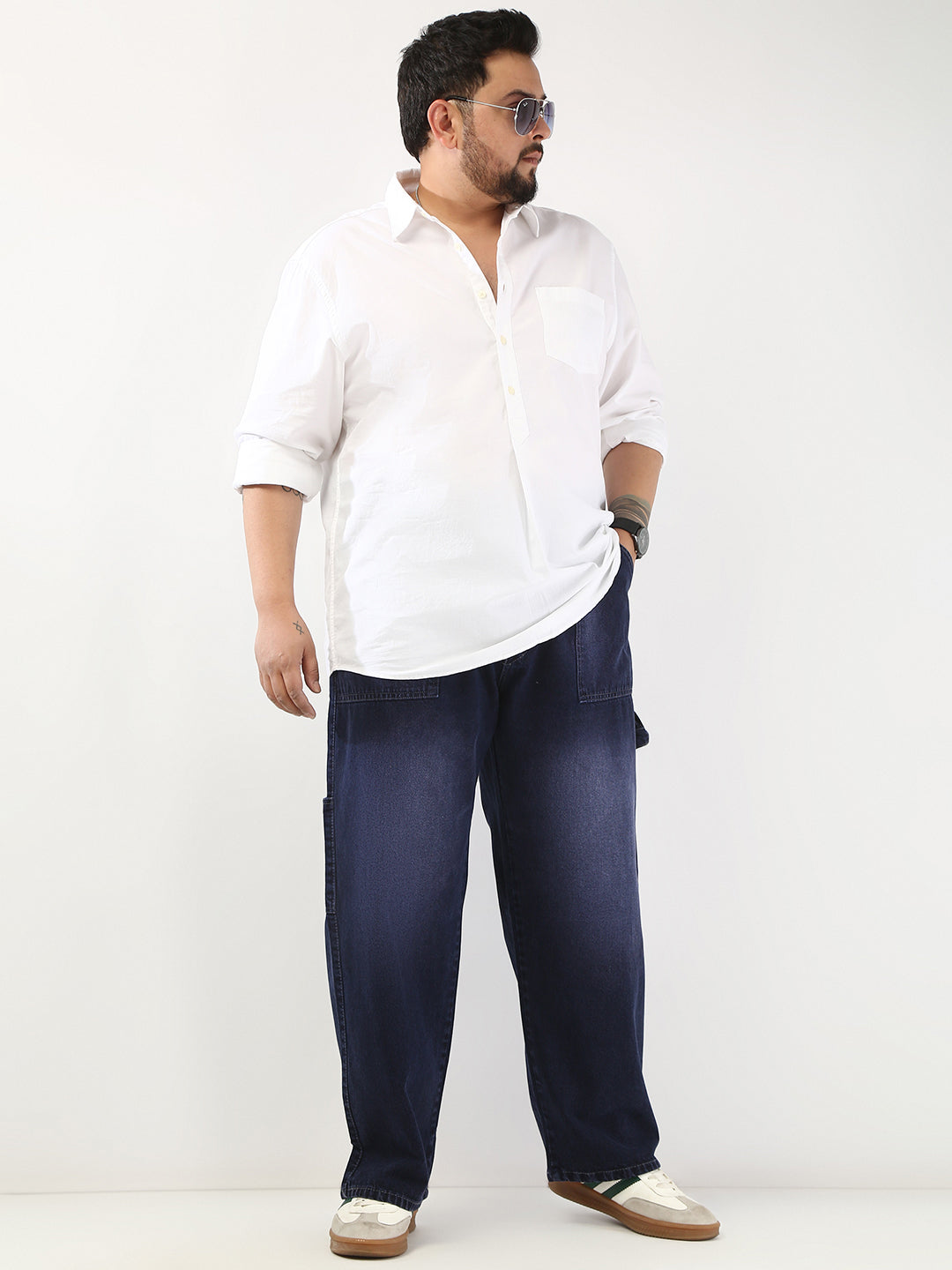 Plus Men's Dark Blue Loose Fit Cargo Carpenter Jeans With 6 Pockets Non-Stretchable