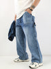 Plus Men's Light Blue Loose Fit Cargo Carpenter Jeans With 6 Pockets Non-Stretchable
