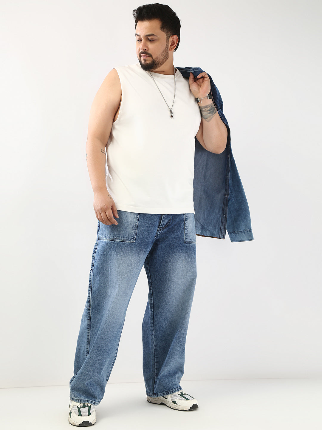 Plus Men's Light Blue Loose Fit Cargo Carpenter Jeans With 6 Pockets Non-Stretchable