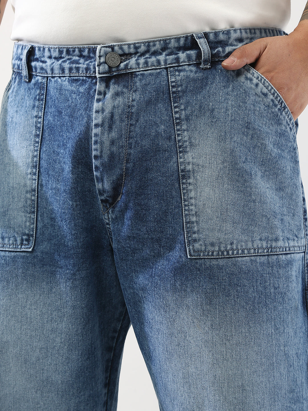 Plus Men's Light Blue Loose Fit Cargo Carpenter Jeans With 6 Pockets Non-Stretchable