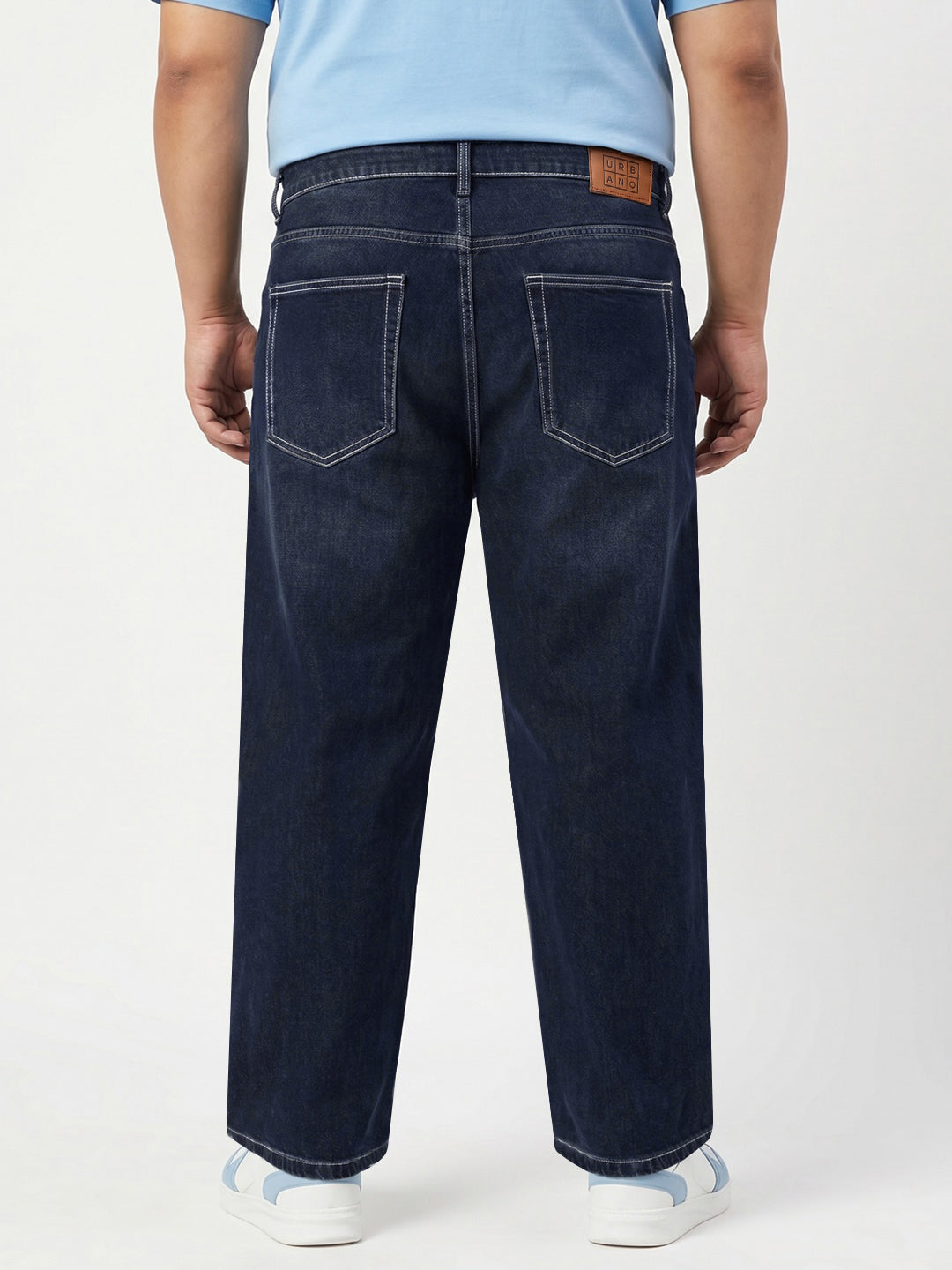 Plus Men's Dark Blue Loose Baggy Fit Washed Denim Jeans Non-Stretchable