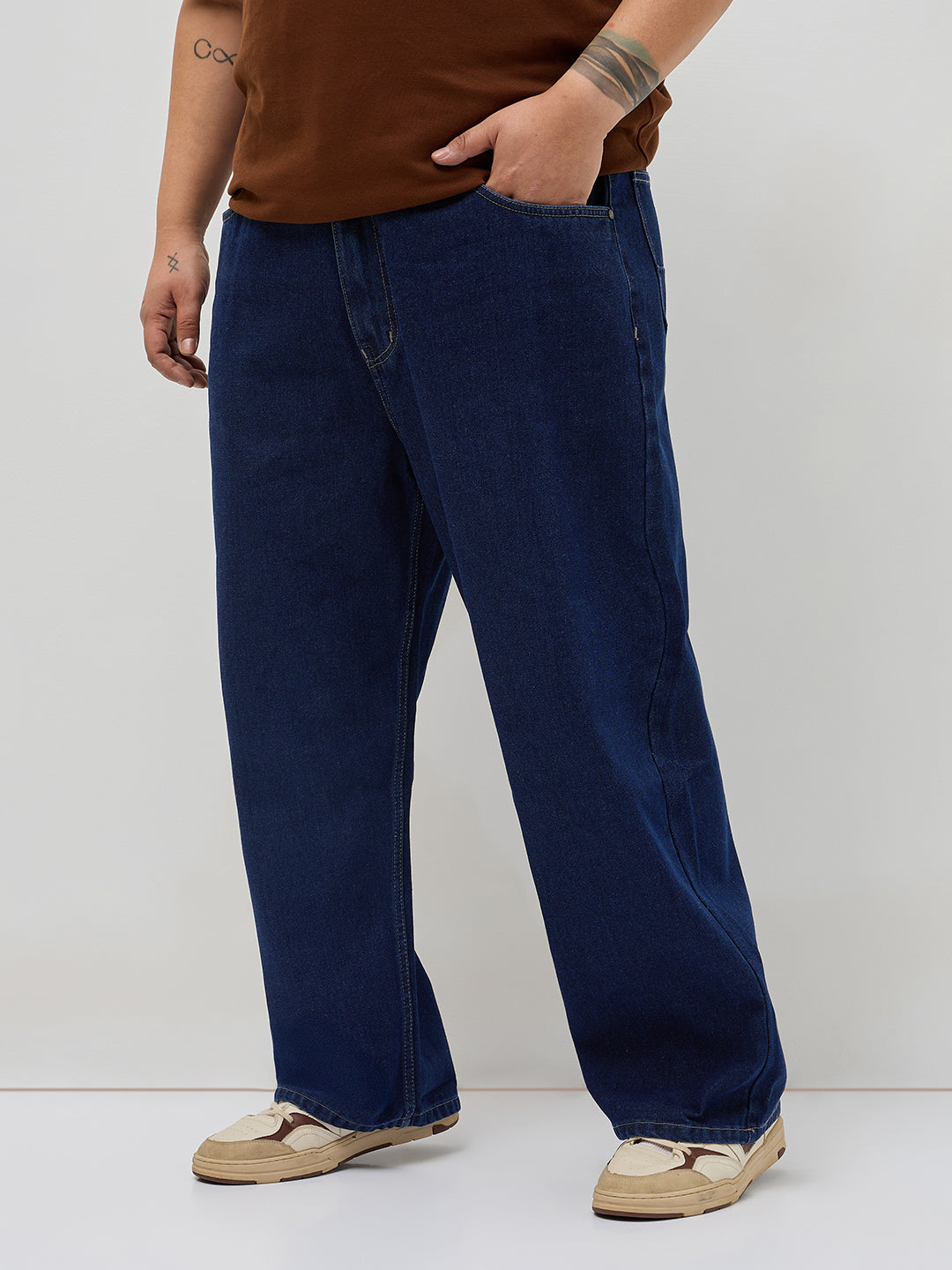 Plus Men's Dark Blue Loose Baggy Fit Raw Washed Denim Jeans Non-Stretchable