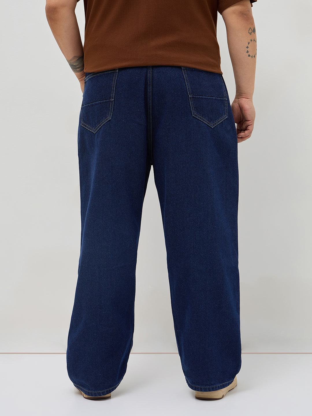 Plus Men's Dark Blue Loose Baggy Fit Raw Washed Denim Jeans Non-Stretchable