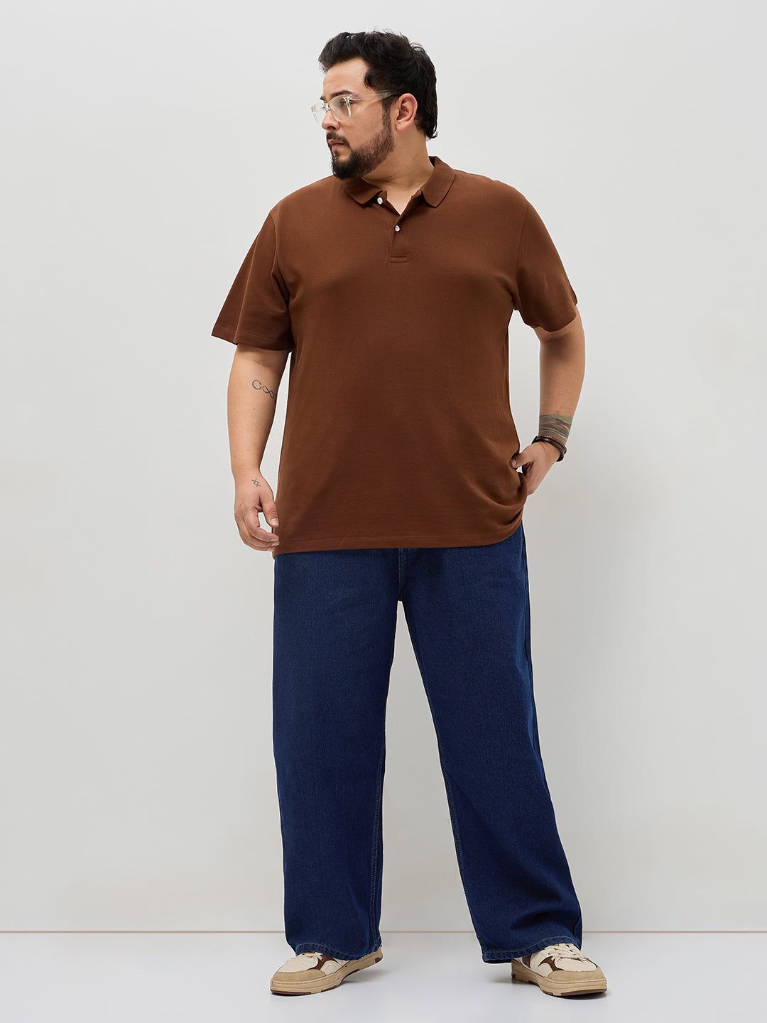 Plus Men's Dark Blue Loose Baggy Fit Raw Washed Denim Jeans Non-Stretchable