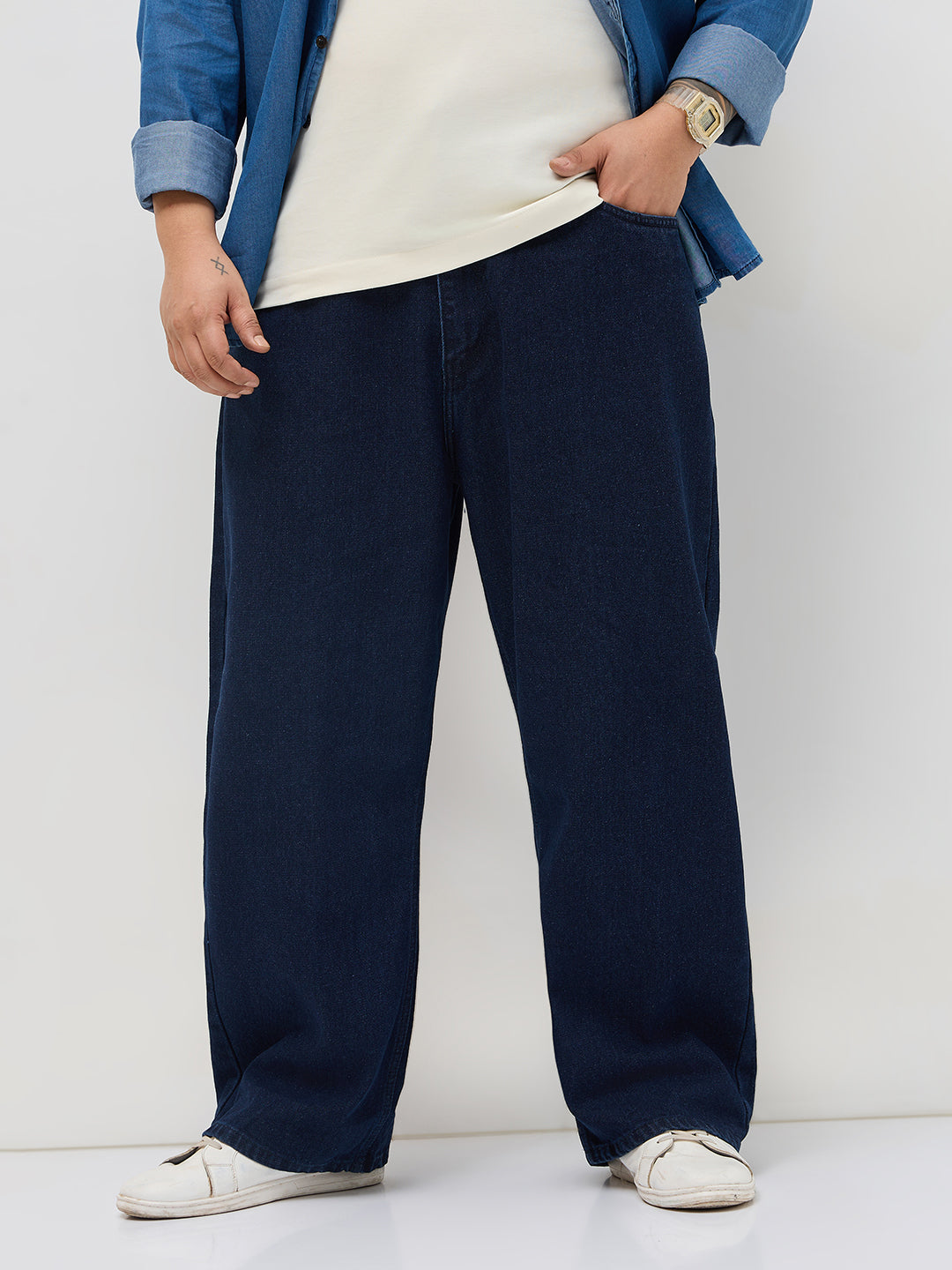 Plus Men's Dark Blue Loose Baggy Fit Raw Washed Denim Jeans Non-Stretchable