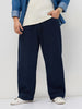Plus Men's Dark Blue Loose Baggy Fit Raw Washed Denim Jeans Non-Stretchable