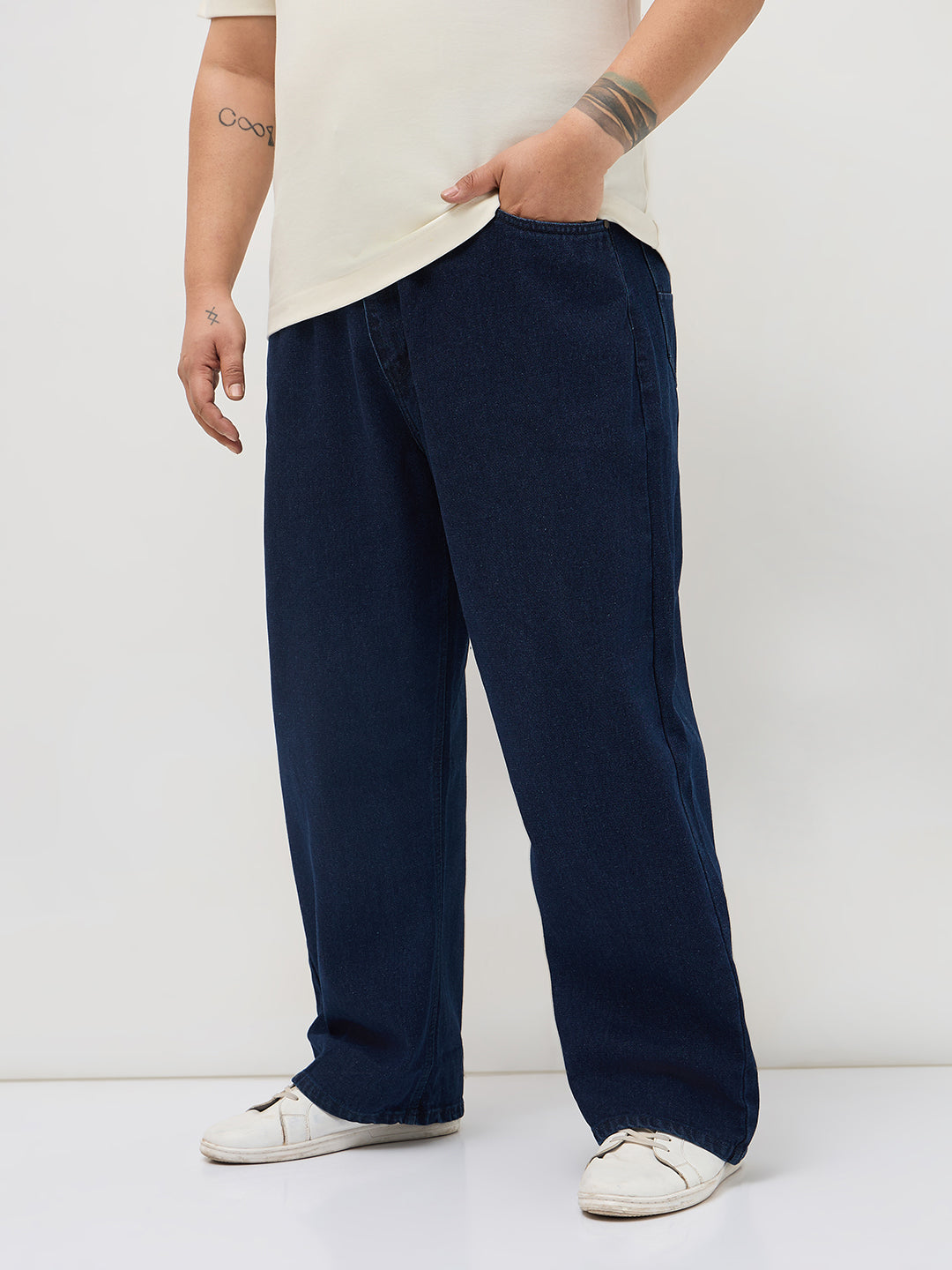 Plus Men's Dark Blue Loose Baggy Fit Raw Washed Denim Jeans Non-Stretchable