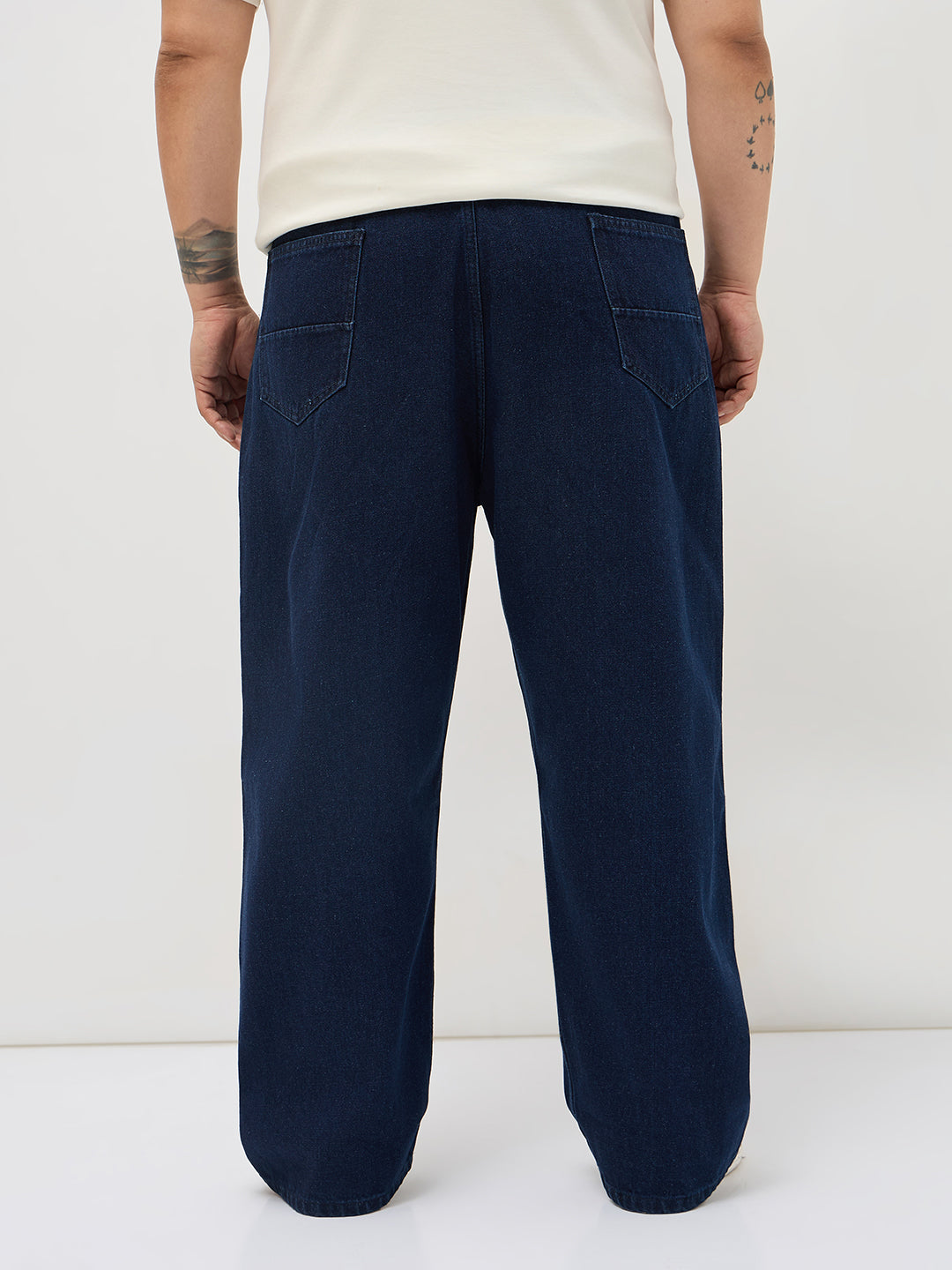 Plus Men's Dark Blue Loose Baggy Fit Raw Washed Denim Jeans Non-Stretchable