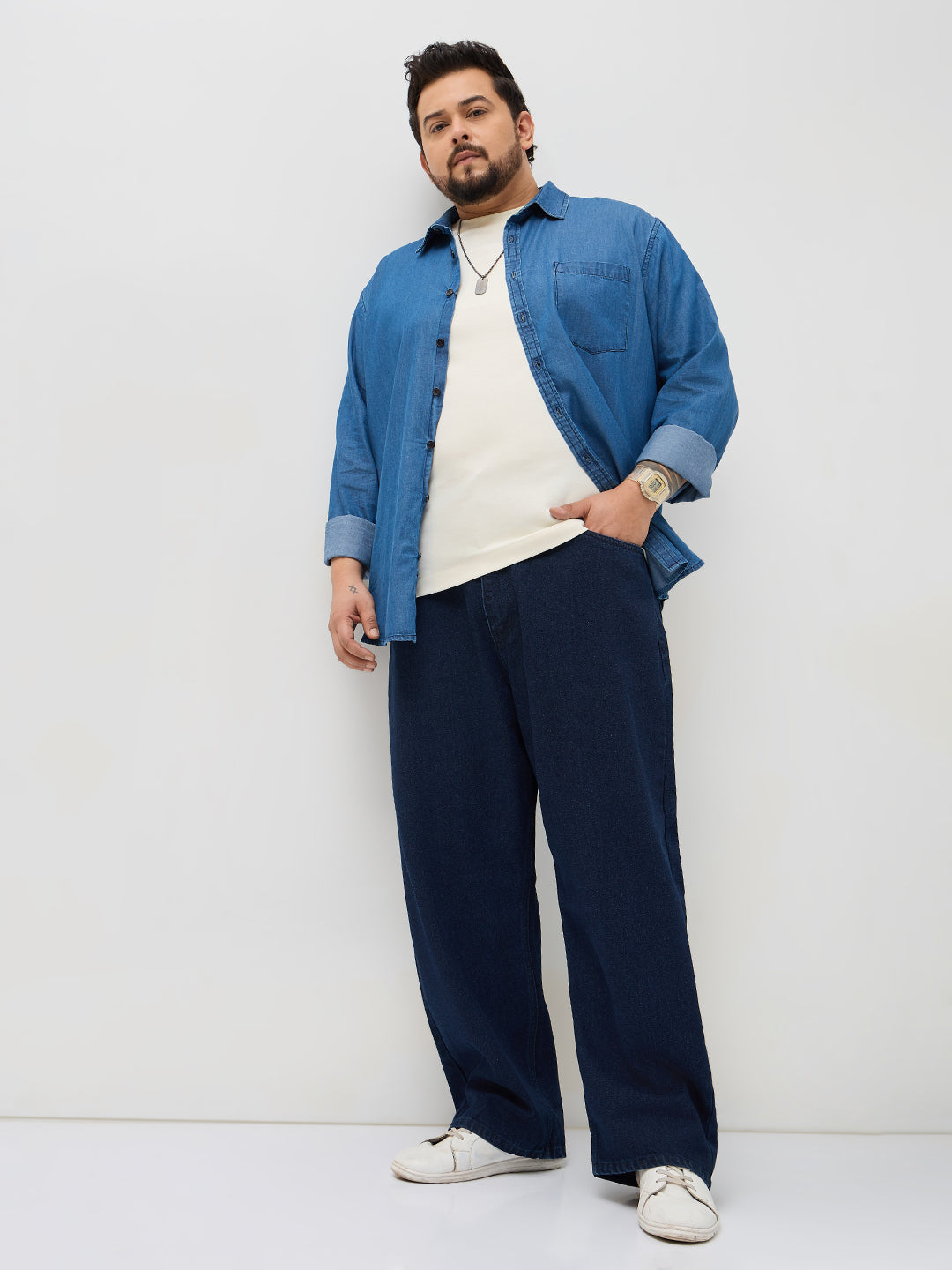 Plus Men's Dark Blue Loose Baggy Fit Raw Washed Denim Jeans Non-Stretchable