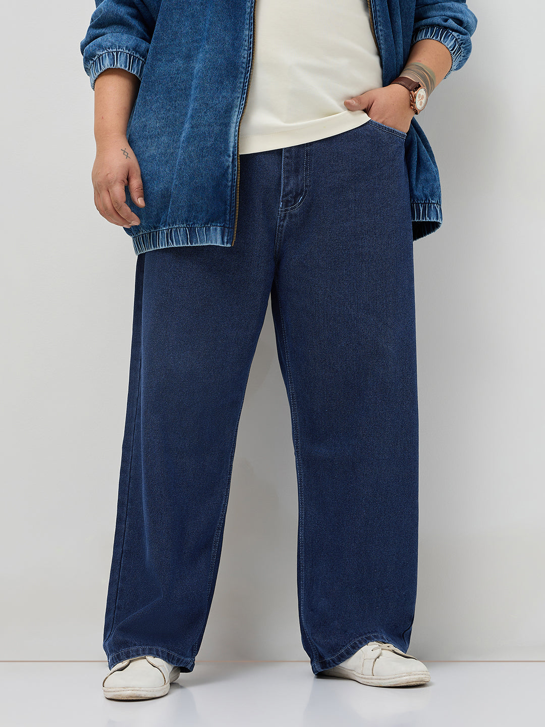 Plus Men's Blue Loose Baggy Fit Raw Washed Denim Jeans Non-Stretchable