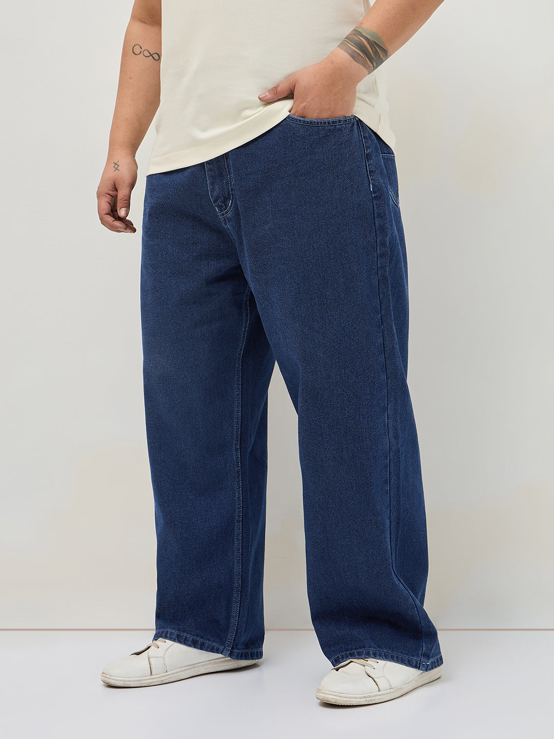 Plus Men's Blue Loose Baggy Fit Raw Washed Denim Jeans Non-Stretchable