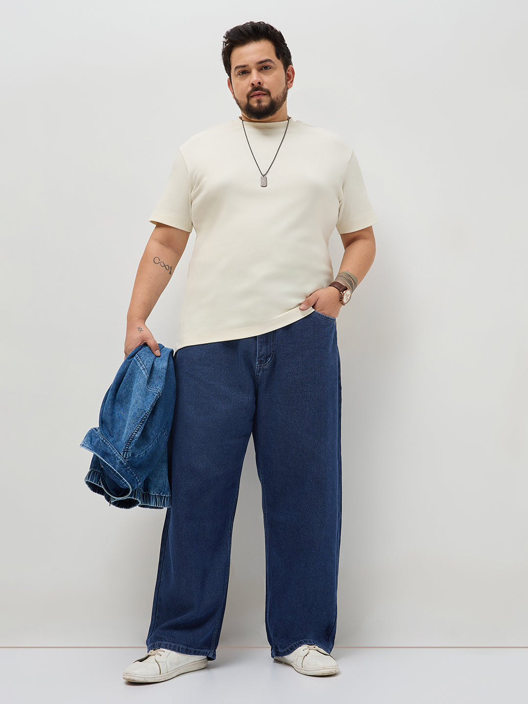 Plus Men's Blue Loose Baggy Fit Raw Washed Denim Jeans Non-Stretchable