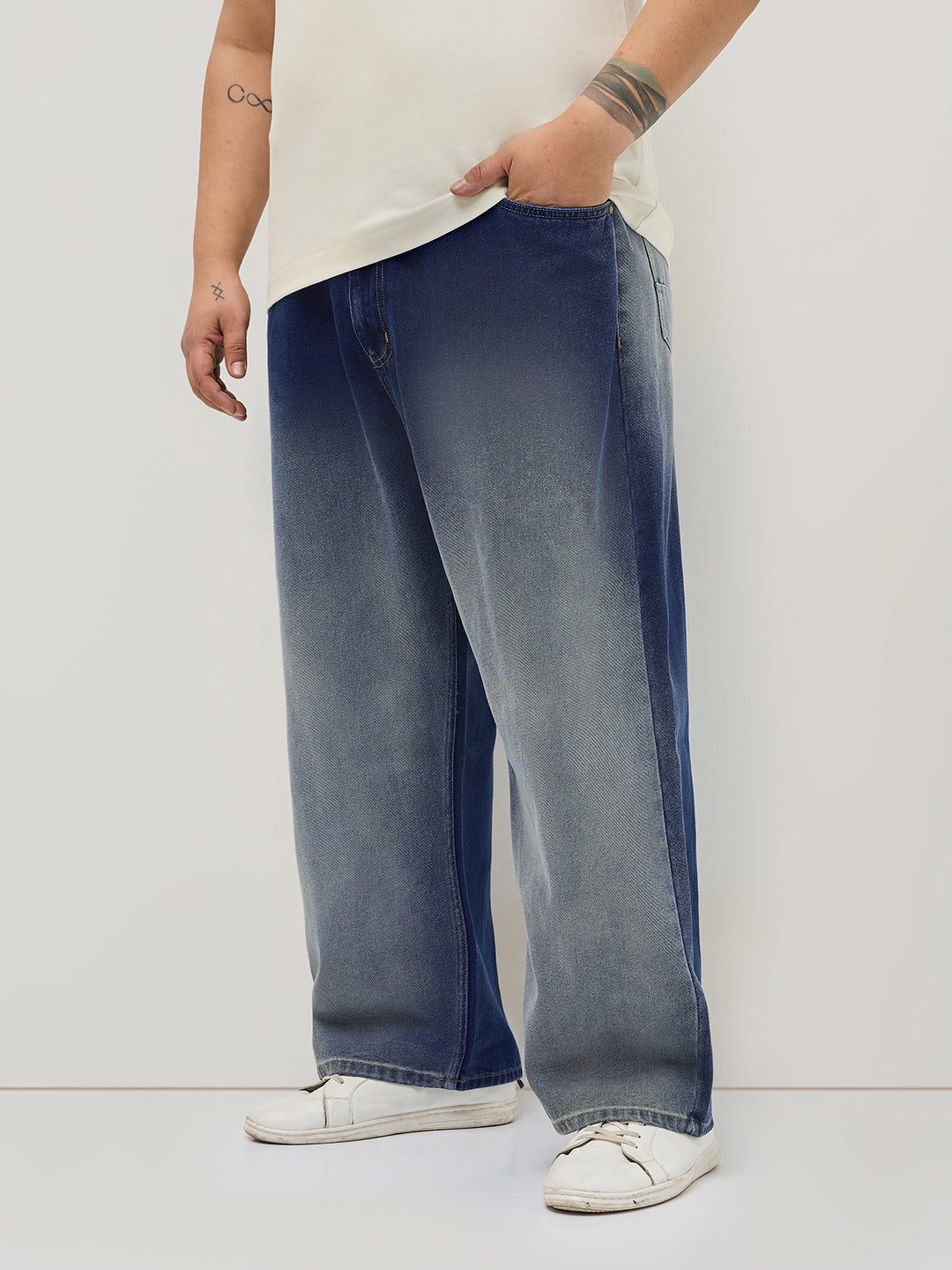 Plus Men's Dark Blue Loose Baggy Fit Heavy Washed Faded Denim Jeans Non-Stretchable